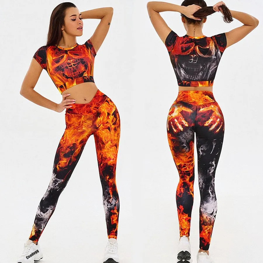 FIRE SKULL Two Piece Yoga Suit