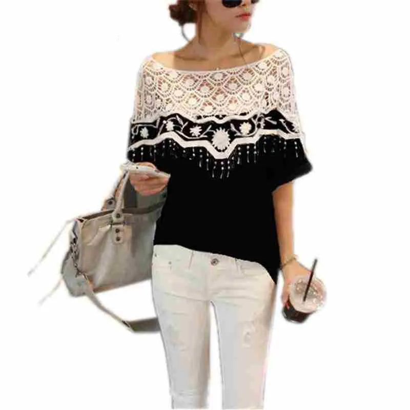 New Blusas Femininas Casual Summer Tops Women Hollow Crochet Shawl Collar Lace Top Blouse Shirt Clothing