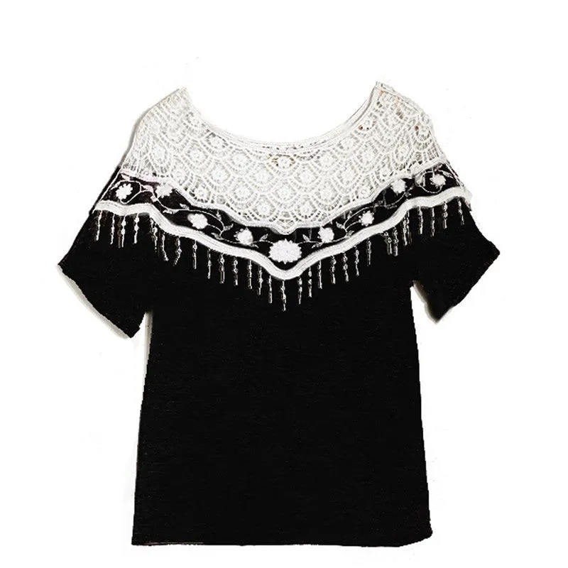 New Blusas Femininas Casual Summer Tops Women Hollow Crochet Shawl Collar Lace Top Blouse Shirt Clothing