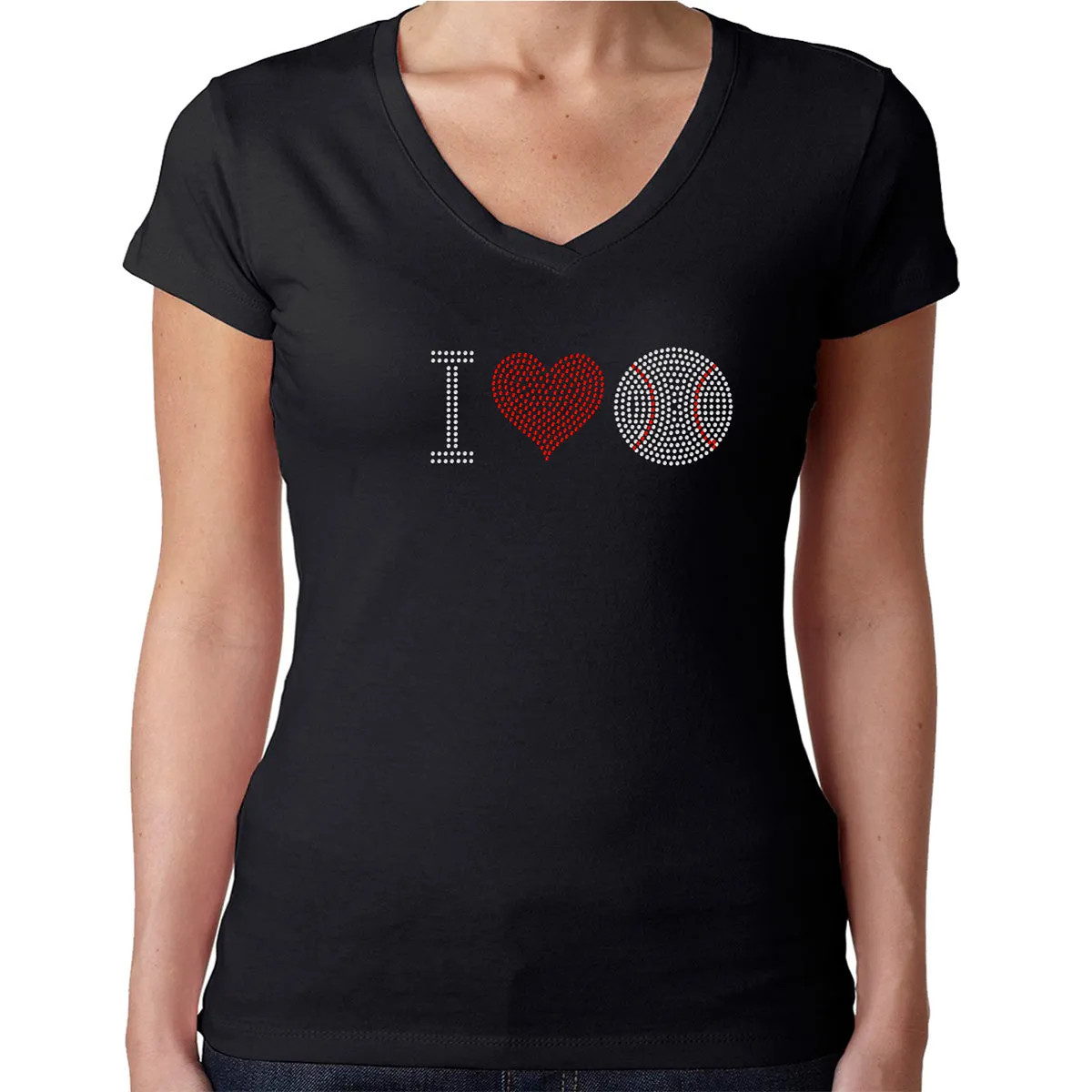 Womens T-Shirt Rhinestone Bling Black Fitted Tee I Love Baseball Red Heart