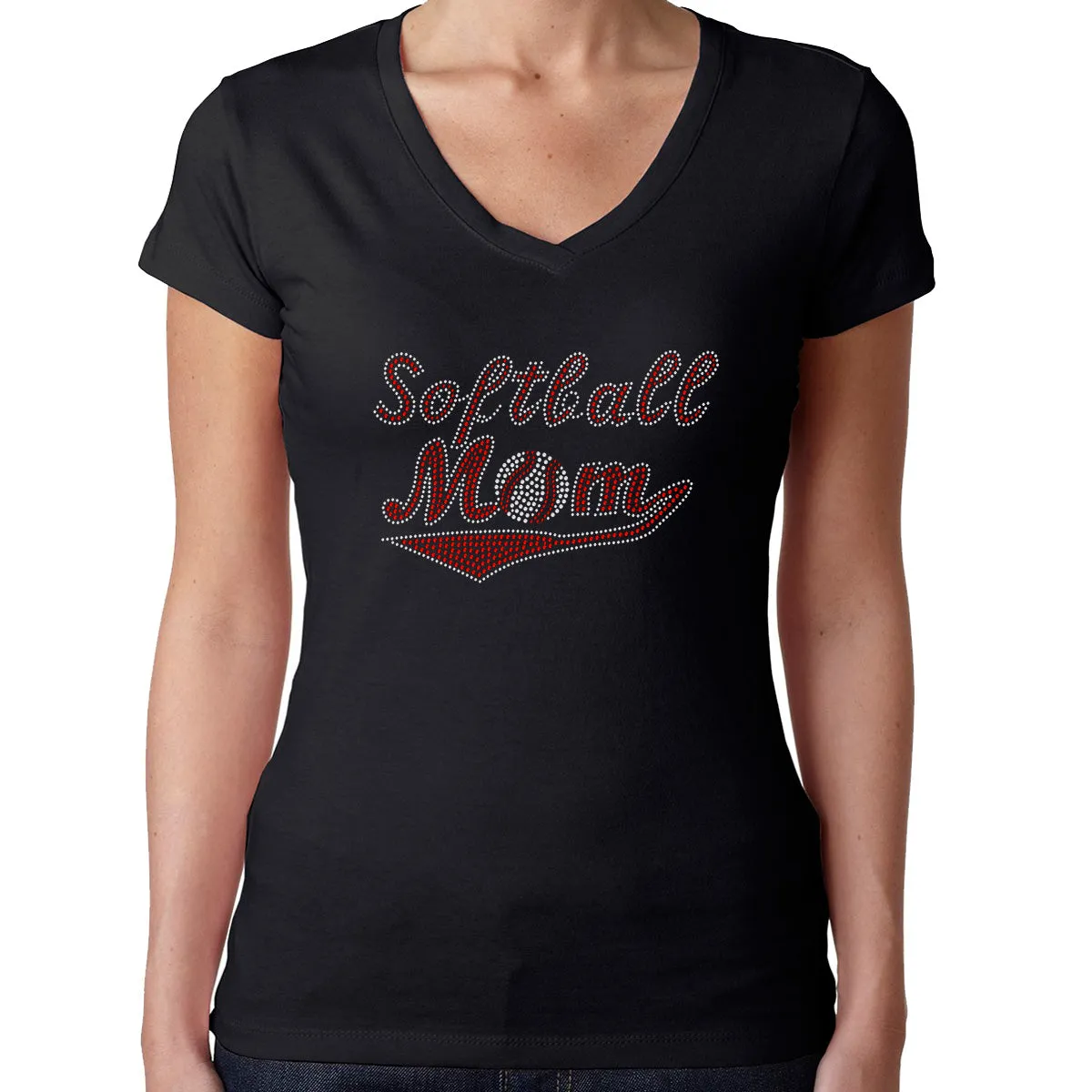 Womens T-Shirt Rhinestone Bling Black Fitted Tee Softball Mom Red White